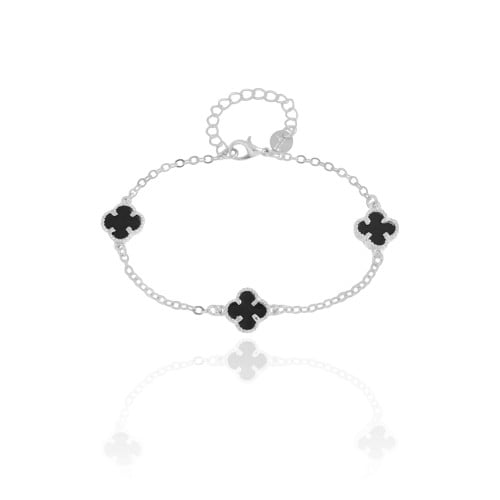 Pulseira Elos Trevos Tom Onix Ródio Branco