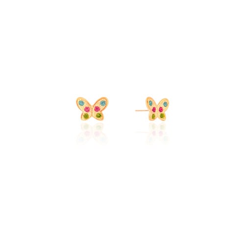 Brinco Infantil Borboleta Colorida 9 mm Banhado a Ouro 18K