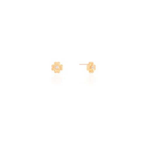Brinco Infantil Flor Riscada 7 mm Ponto de Luz Cristal Banhado a Ouro 18K
