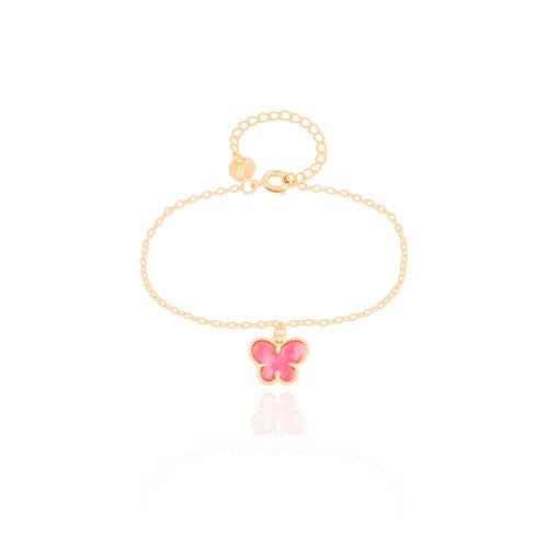 Pulseira Infantil Boboleta Rosa Banhado a Ouro 18K