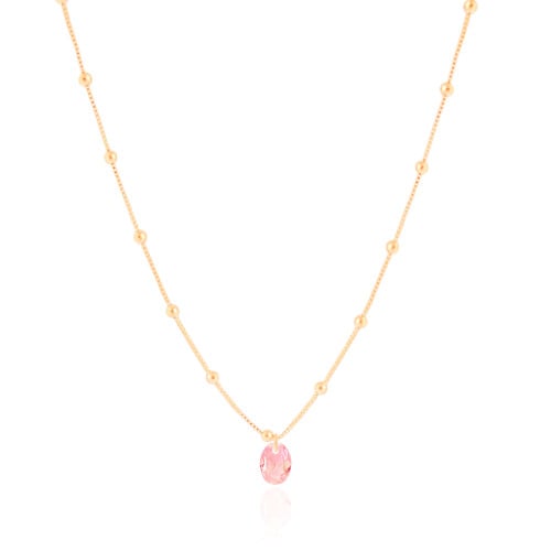 Gargantilha Infantil Bolinhas Cristal Oval Safira Rosa Banhado a Ouro 18K - 30 cm