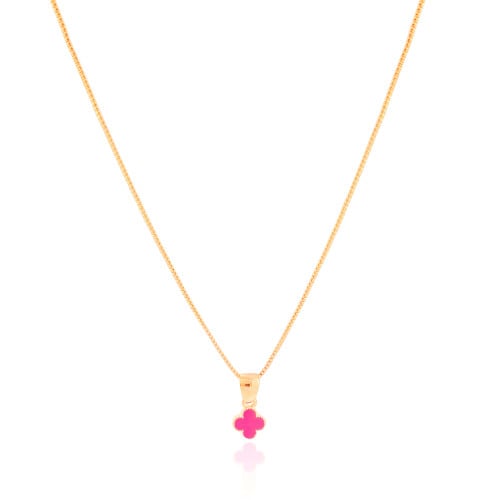 Gargantilha Infantil Trevo Rosa 7 mm Banhado a Ouro 18K - 35 cm