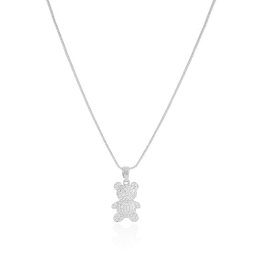 Gargantilha Infantil Ursinho Cravejado Cristal Ródio Branco - 45 cm