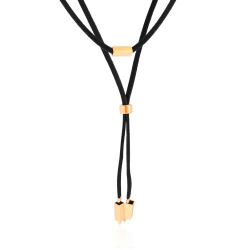 Gargantilha Gravata Dupla Camurça Preta Retângulos Banhado a Ouro 18K - 30 cm