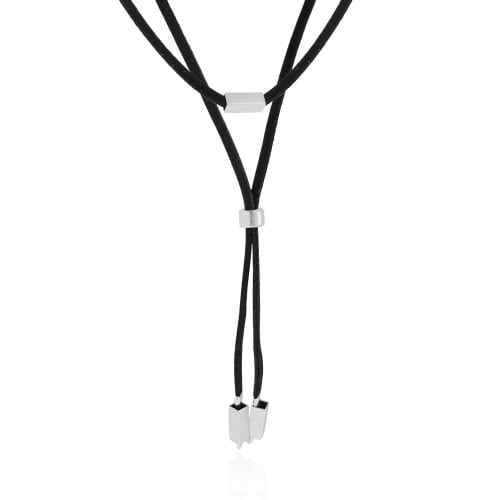 Gargantilha Gravata Dupla Camurça Preta Retângulos Ródio Branco - 30 cm
