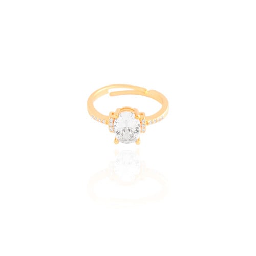 Anel Ajustável Cravejado Oval Cristal Tamanho Único Banhado a Ouro 18K