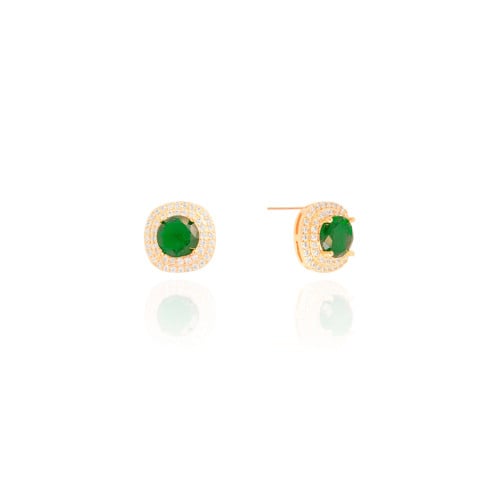 Brinco Quadrado Ponto de Luz Esmeralda Cravejado Cristal Banhado a Ouro 18K