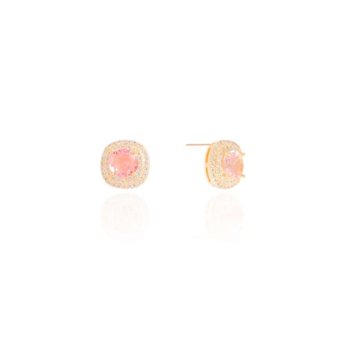 Brinco Quadrado Ponto de Luz Safira Rosa Cravejado Cristal Banhado a Ouro 18K