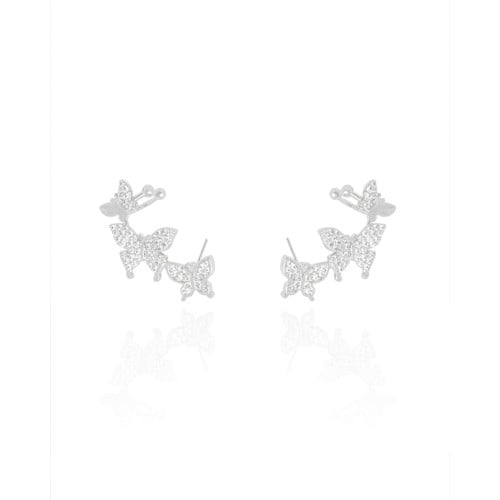 Ear Cuff Borboletas Cravejadas Cristal 2.6 cm Ródio Branco