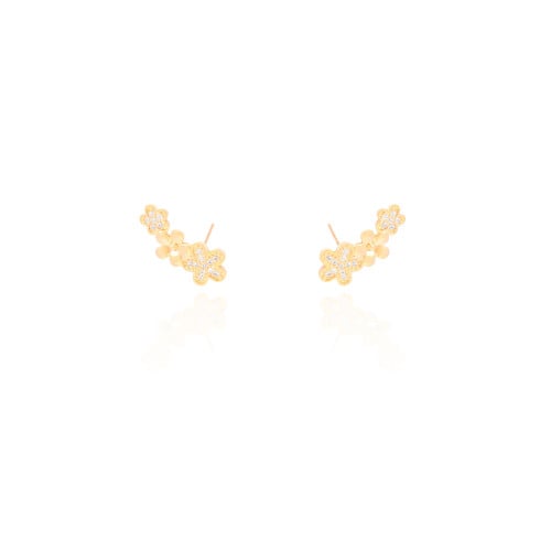 Ear Cuff Flores Lisas e Cravejadas Cristal Banhado a Ouro 18K