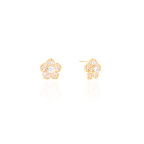 Brinco Flor Baguetes Cristal 1.3 cm Banhado a Ouro 18K