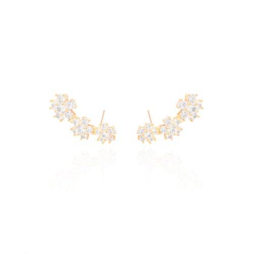 Ear Cuff Flores Cravejadas Cristal Banhado a Ouro 18K