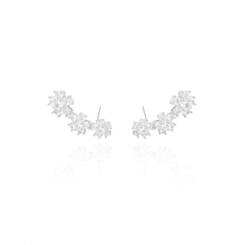 Ear Cuff Flores Cravejadas Cristal Ródio Branco