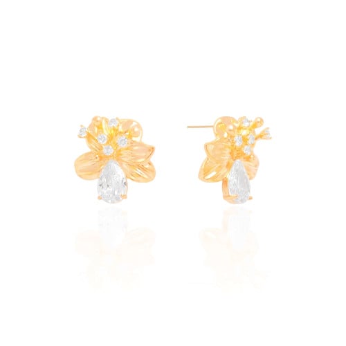 Brinco Flor Gota Pontos de Luz Cristal Banhado a Ouro 18K