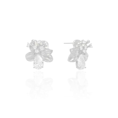 Brinco Flor Gota Pontos de Luz Cristal Ródio Branco
