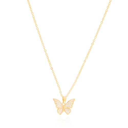 Gargantilha Elos Borboleta Cravejada Cristal 1.3 cm Banhado a Ouro 18K - 45 cm