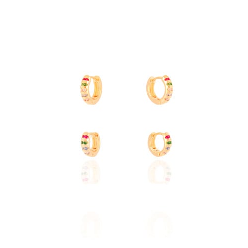 Dupla de Argolas Pontos de Luz Coloridos Banhado a Ouro 18K