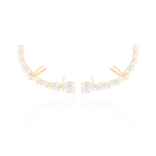 Ear Cuff Pontos de Luz Ovais Cravejado Cristal Banhado a Ouro 18K
