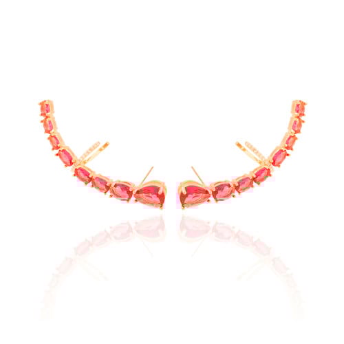 Ear Cuff Pontos de Luz Ovais Rubi Cravejado Cristal Banhado a Ouro 18K