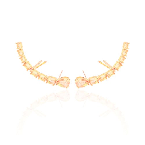 Ear Cuff Pontos de Luz Ovais Morganita Cravejado Cristal Banhado a Ouro 18K