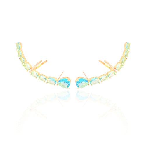 Ear Cuff Pontos de Luz Ovais Topázio Sky Cravejado Cristal Banhado a Ouro 18K