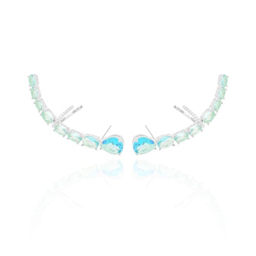 Ear Cuff Pontos de Luz Ovais Topázio Sky Cravejado Cristal Ródio Branco