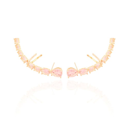Ear Cuff Pontos de Luz Ovais Safira Rosa Cravejado Cristal Banhado a Ouro 18K