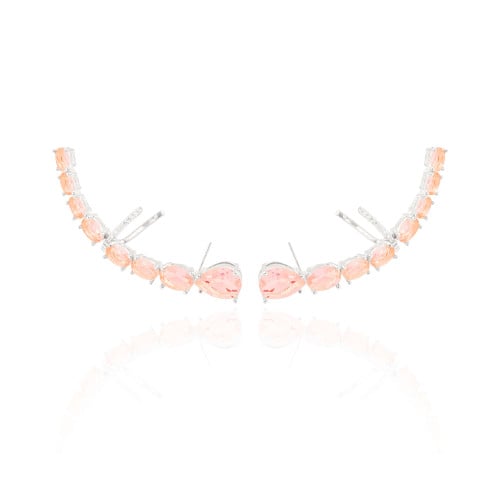 Ear Cuff Pontos de Luz Ovais Safira Rosa Cravejado Cristal Ródio Branco