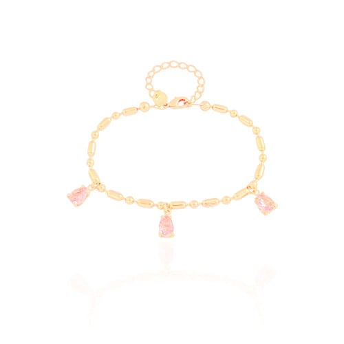 Pulseira Gomos Gotas Safira Rosa Banhado a Ouro 18K