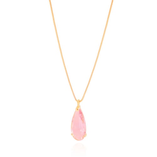 Gargantilha Longa Gota Safira Rosa 2.6 cm Banhado a Ouro 18K - 60 cm