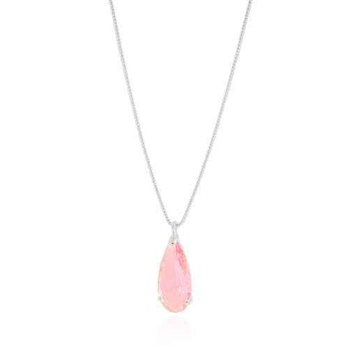 Gargantilha Longa Gota Safira Rosa 2.6 cm Ródio Branco - 60 cm