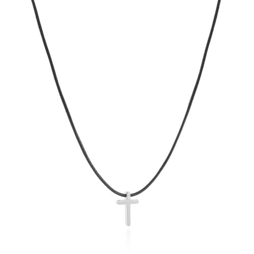 Choker Fio Coreano Preto Cruz Lisa Ródio Branco