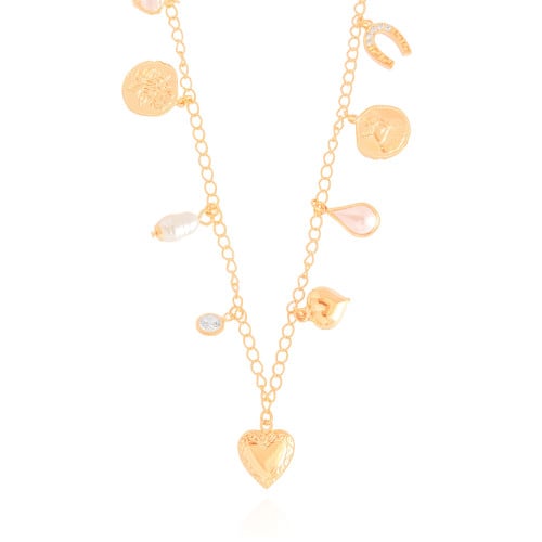 Relicário Coração Medalhas Cravejado Cristal Banhado a Ouro 18K - 40 cm