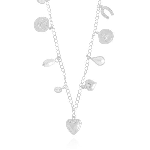 Relicário Coração Medalhas Cravejado Cristal Ródio Branco - 40 cm