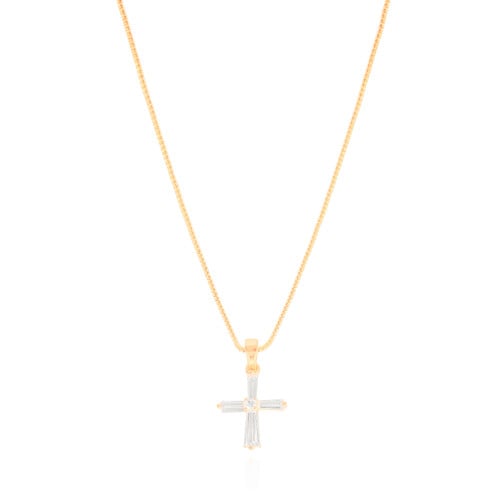 Gargantilha Veneziana Cruz Baguetes Cristal Banhado a Ouro 18K - 45 cm