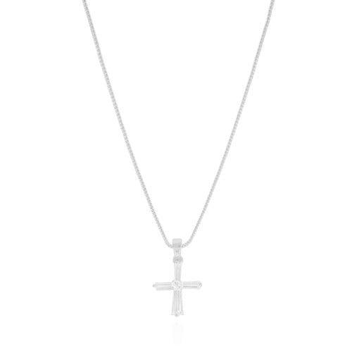 Gargantilha Veneziana Cruz Baguetes Cristal Ródio Branco - 45 cm