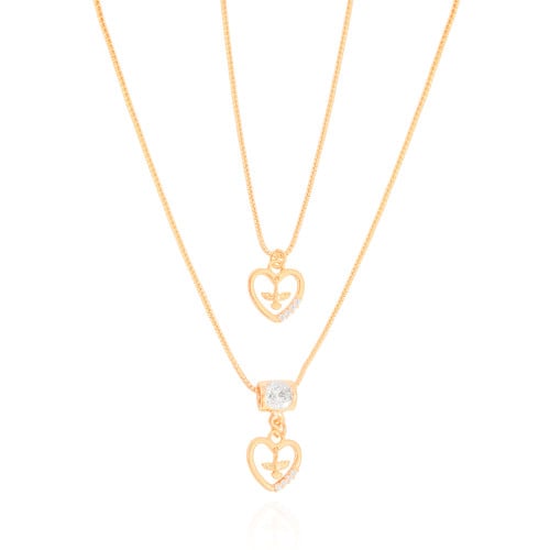Gargantilha Dupla Corações Espirito Santo Cravejado Cristal Banhado a Ouro 18K