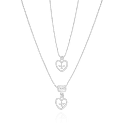 Gargantilha Dupla Corações Espirito Santo Cravejado Cristal Ródio Branco