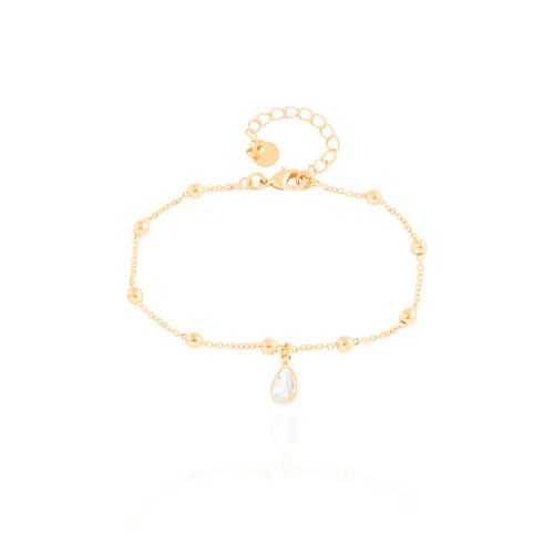 Pulseira Elos Bolinhas Gota Cristal Banhado a Ouro 18K