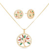 Conjunto Arvore da Vida Colorida Borda Cravejada Cristal Banhado a Ouro 18K