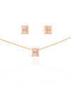 Conjunto Retangular Safira Rosa  Banhado a Ouro 18K