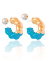 Brinco Argola Torcida Turquesa com Pérola 3.4 cm Banho Dourado