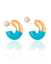 Brinco Argola Tubo Azul Turquesa com Pérola 3.0 cm Banho Dourado