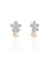 Brinco Flor Cravejada Cristal Pérola 10 mm Ródio Branco