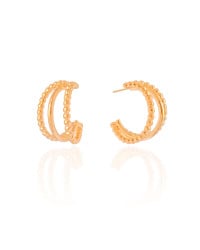 Brinco Meia Argola Três Filetes com Bolinhas Banhado a Ouro 18K