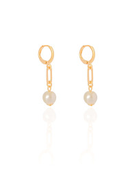 Brinco Argola Click Elo Oval Pérola 3.5 cm Banhado a Ouro 18K