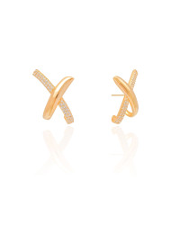 Brinco em X Cravejado Cristal 2.4 cm Banhado a Ouro 18K