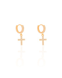 Brinco Argola Click Cruz Cravejado Cristal 2.6 cm Banhado a Ouro 18K