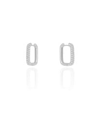 Brinco Argola Click Retangular Cravejado Cristal 1.8 cm Ródio Branco