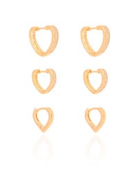 Trio de Argolas Coração Cravejado Cristal e Liso Banhando a Ouro 18K